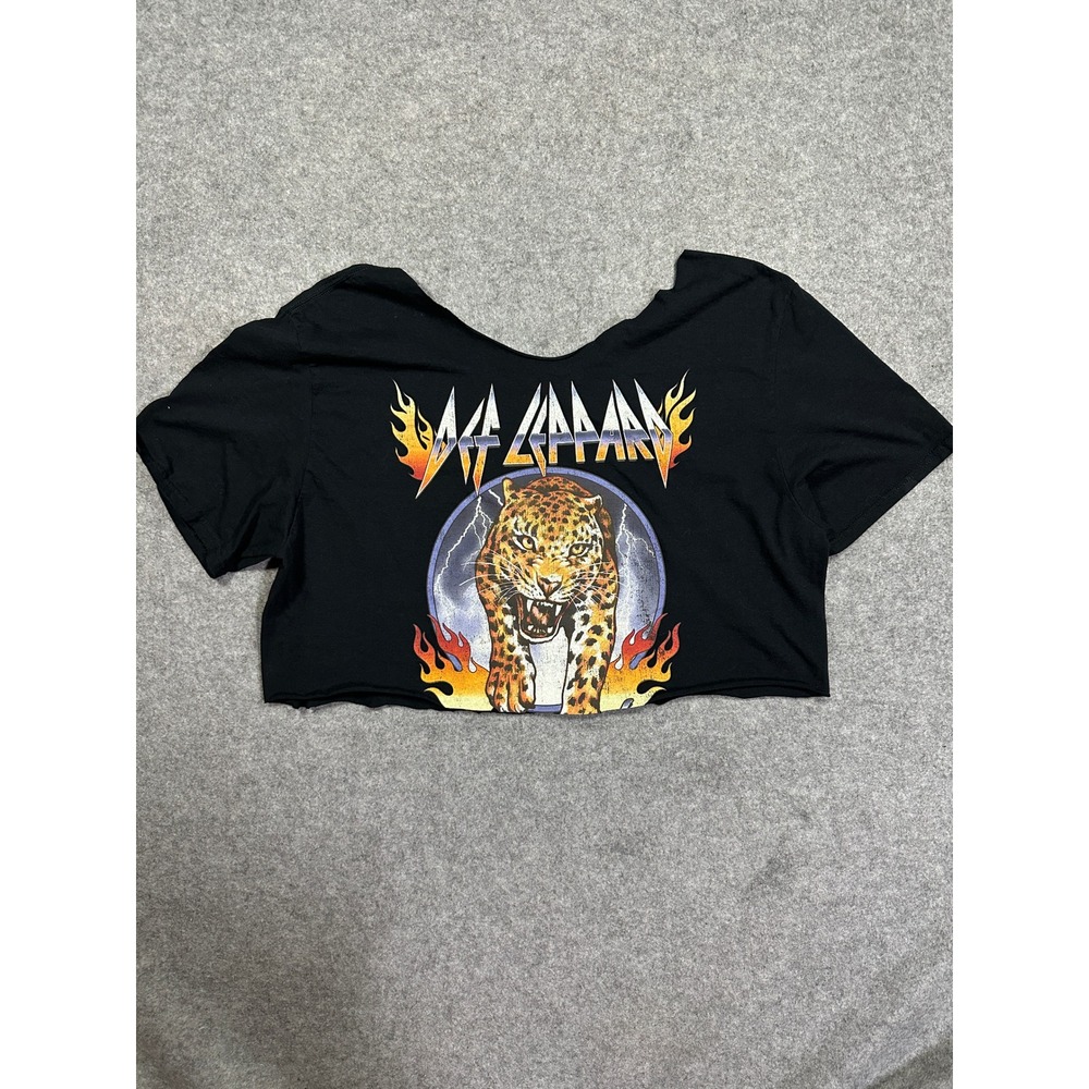 Def Leppard Graphic Crop Top One Size Black Custom Cut Raw Hem Band Tee